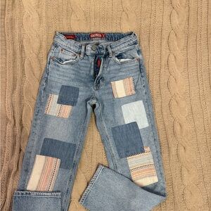 Lucky Brand Lucky Legend Mid Rise Boy Relaxed Straight Patchwork Jeans.